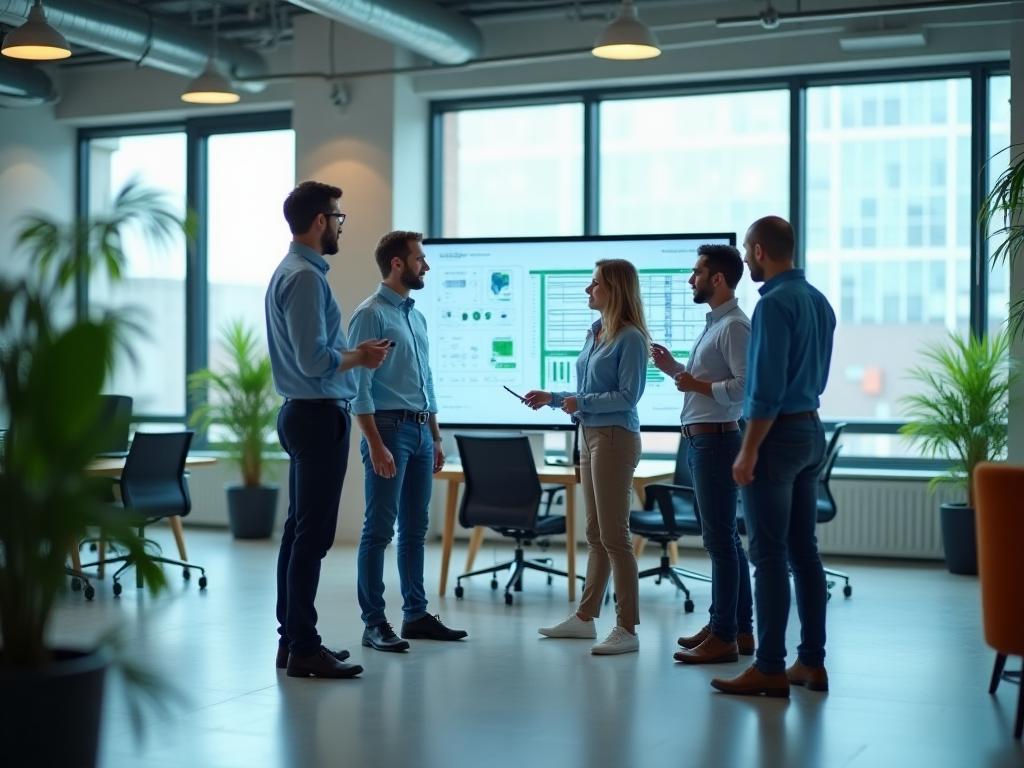 Modernes Büroumfeld, in dem ein Team von Technikern zusammenarbeitet und diskutiert