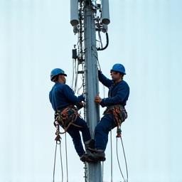Techniker installieren Antennen auf einem Mobilfunkturm